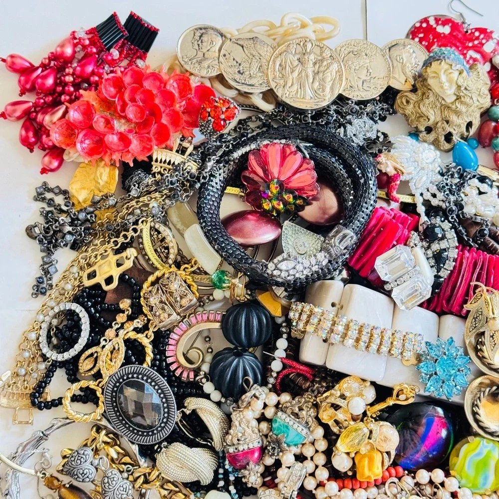 VTG To Now Rhinestone Colorful Junk Costume Jewelry Lot Craft Arts As Is 4.3lbs